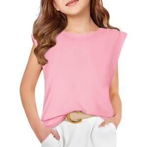 Haloumoning Girls Cap Sleeve Tops Summer Crewneck Tank Tops Cute T-Shirt Blouse 5-14 Years(Pink)