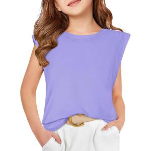 Haloumoning Girls Cap Sleeve Tops Summer Crewneck Tank Tops Cute T-Shirt Blouse 5-14 Years(Purple)