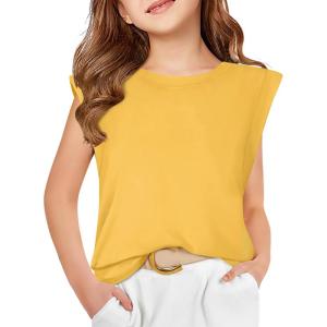 Haloumoning Girls Cap Sleeve Tops Summer Crewneck Tank Tops Cute T-Shirt Blouse 5-14 Years(Yellow)