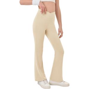 Haloumoning Girls Crossover High Waisted Flare Pants Kids Bootcut Leggings Full Length Bell Bottoms 5-14 Years(Beige)