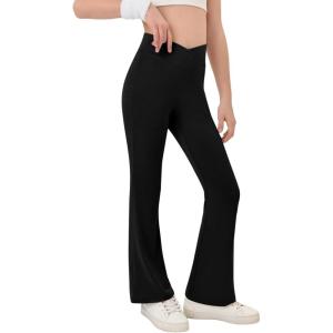 Haloumoning Girls Crossover High Waisted Flare Pants Kids Bootcut Leggings Full Length Bell Bottoms 5-14 Years(Black)