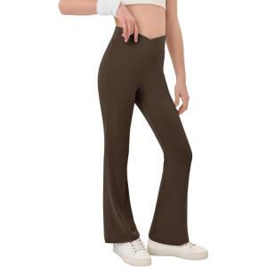 Haloumoning Girls Crossover High Waisted Flare Pants Kids Bootcut Leggings Full Length Bell Bottoms 5-14 Years(Brown)