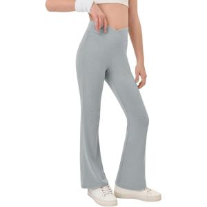 Haloumoning Girls Crossover High Waisted Flare Pants Kids Bootcut Leggings Full Length Bell Bottoms 5-14 Years(Grey)