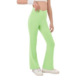 Haloumoning Girls Crossover High Waisted Flare Pants Kids Bootcut Leggings Full Length Bell Bottoms 5-14 Years(Light Green)