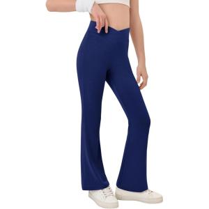 Haloumoning Girls Crossover High Waisted Flare Pants Kids Bootcut Leggings Full Length Bell Bottoms 5-14 Years(Navy Blue)