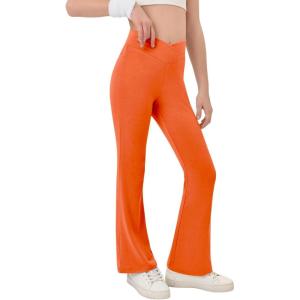 Haloumoning Girls Crossover High Waisted Flare Pants Kids Bootcut Leggings Full Length Bell Bottoms 5-14 Years(Orange)