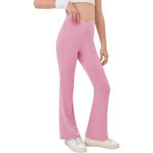 Haloumoning Girls Crossover High Waisted Flare Pants Kids Bootcut Leggings Full Length Bell Bottoms 5-14 Years(Pink)