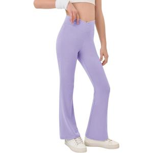 Haloumoning Girls Crossover High Waisted Flare Pants Kids Bootcut Leggings Full Length Bell Bottoms 5-14 Years(Purple)
