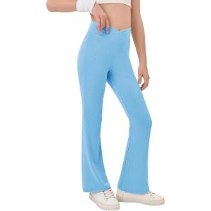 Haloumoning Girls Crossover High Waisted Flare Pants Kids Bootcut Leggings Full Length Bell Bottoms 5-14 Years(Sky Blue)