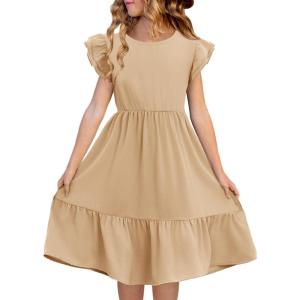 Haloumoning Girls Dresses Kids Summer Double Layer Ruffle Sleeve Dress 5-14 Years(Beige)