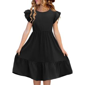 Haloumoning Girls Dresses Kids Summer Double Layer Ruffle Sleeve Dress 5-14 Years(Black)