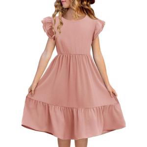 Haloumoning Girls Dresses Kids Summer Double Layer Ruffle Sleeve Dress 5-14 Years(Light Pink)