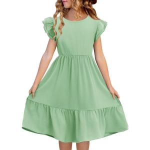 Haloumoning Girls Dresses Kids Summer Double Layer Ruffle Sleeve Dress 5-14 Years(Mint Green)