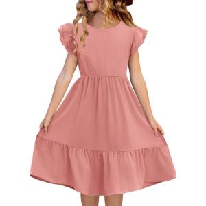 Haloumoning Girls Dresses Kids Summer Double Layer Ruffle Sleeve Dress 5-14 Years(Pink)