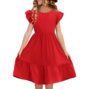 Haloumoning Girls Dresses Kids Summer Double Layer Ruffle Sleeve Dress 5-14 Years(Red)