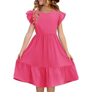 Haloumoning Girls Dresses Kids Summer Double Layer Ruffle Sleeve Dress 5-14 Years(Rose Red)