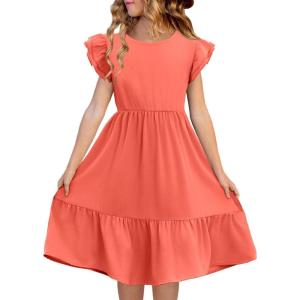 Haloumoning Girls Dresses Kids Summer Double Layer Ruffle Sleeve Dress 5-14 Years(Watermelon Red)