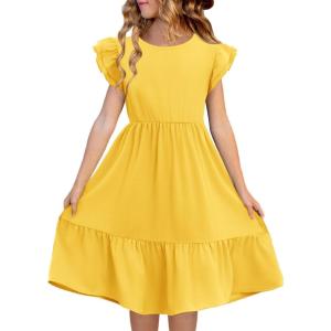 Haloumoning Girls Dresses Kids Summer Double Layer Ruffle Sleeve Dress 5-14 Years(Yellow)