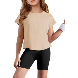 Haloumoning Girls Loose Athletic Shirts Short Sleeve Crop Tops Kids Quick Dry Gym Yoga Tees 5-14 Years(Light Khaki)