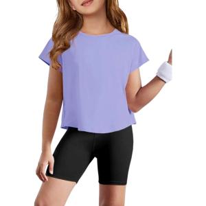 Haloumoning Girls Loose Athletic Shirts Short Sleeve Crop Tops Kids Quick Dry Gym Yoga Tees 5-14 Years(Light Purple)