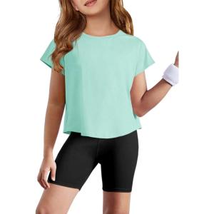 Haloumoning Girls Loose Athletic Shirts Short Sleeve Crop Tops Kids Quick Dry Gym Yoga Tees 5-14 Years(Mint)