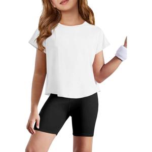 Haloumoning Girls Loose Athletic Shirts Short Sleeve Crop Tops Kids Quick Dry Gym Yoga Tees 5-14 Years(White)
