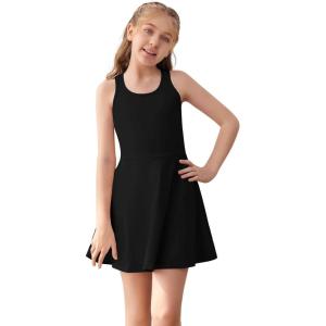 Haloumoning Girls Sleeveless Tennis Dress Kids Racerback Golf Dress School Sports Dresses Outfit with Shorts Pockets(Black)