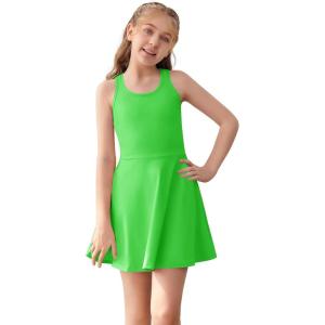 Haloumoning Girls Sleeveless Tennis Dress Kids Racerback Golf Dress School Sports Dresses Outfit with Shorts Pockets(Neon Green)