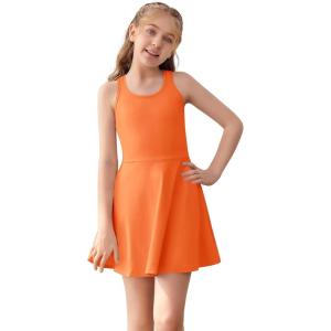 Haloumoning Girls Sleeveless Tennis Dress Kids Racerback Golf Dress School Sports Dresses Outfit with Shorts Pockets(Orange)