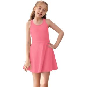 Haloumoning Girls Sleeveless Tennis Dress Kids Racerback Golf Dress School Sports Dresses Outfit with Shorts Pockets(Pink)