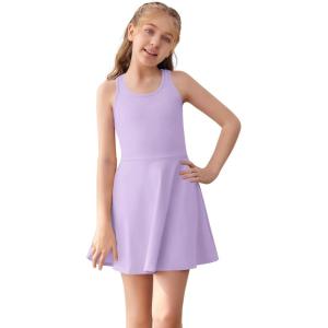 Haloumoning Girls Sleeveless Tennis Dress Kids Racerback Golf Dress School Sports Dresses Outfit with Shorts Pockets(Purple)