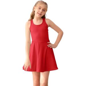 Haloumoning Girls Sleeveless Tennis Dress Kids Racerback Golf Dress School Sports Dresses Outfit with Shorts Pockets(Red)