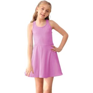 Haloumoning Girls Sleeveless Tennis Dress Kids Racerback Golf Dress School Sports Dresses Outfit with Shorts Pockets(Rose Red)