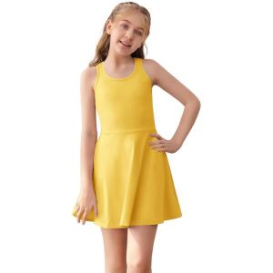 Haloumoning Girls Sleeveless Tennis Dress Kids Racerback Golf Dress School Sports Dresses Outfit with Shorts Pockets(Yellow)