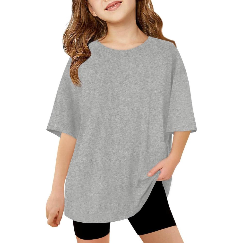 image:imageHaloumoning Girls Short Sleeve T Shirts Kids Summer Oversized Tops Casual Crewneck Basic Tees 514YGrey