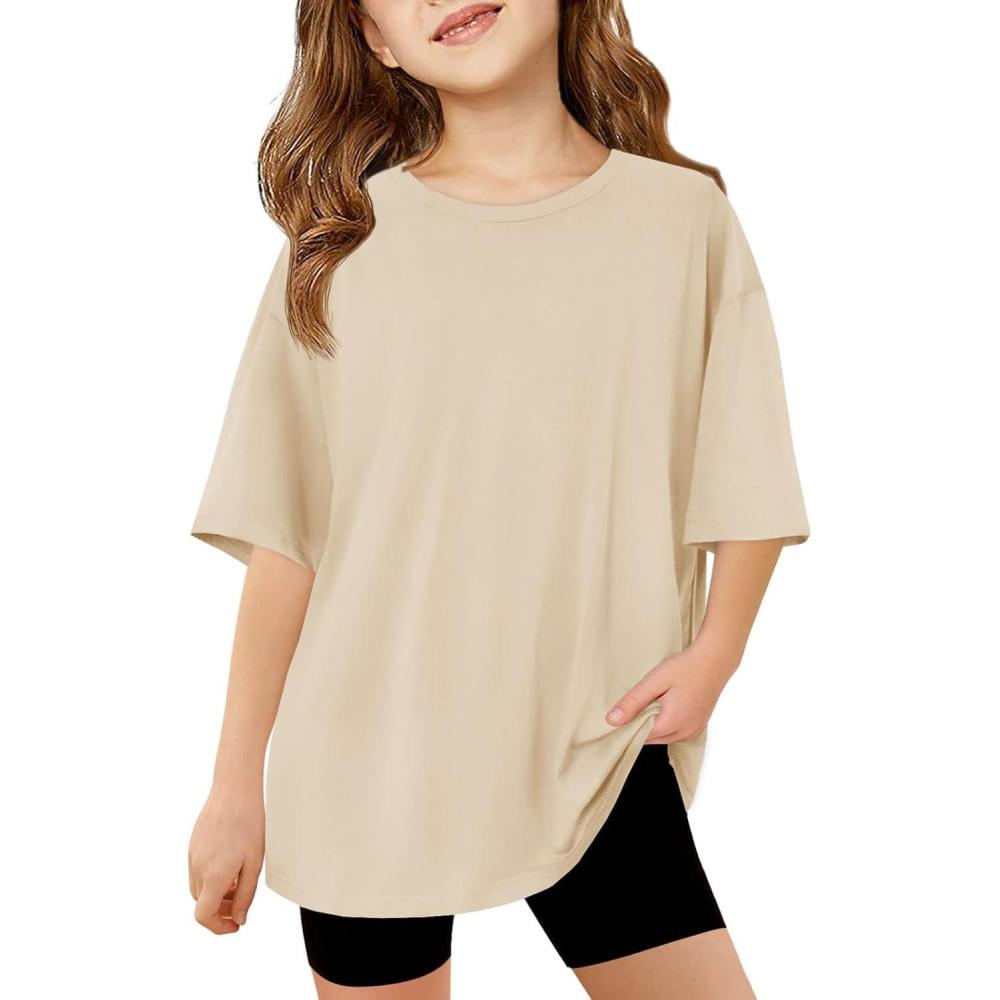 image:imageHaloumoning Girls Short Sleeve T Shirts Kids Summer Oversized Tops Casual Crewneck Basic Tees 514YKhaki