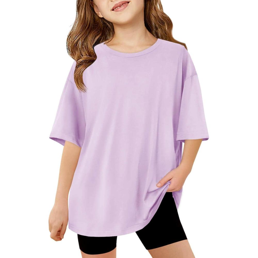 image:imageHaloumoning Girls Short Sleeve T Shirts Kids Summer Oversized Tops Casual Crewneck Basic Tees 514YLight Purple