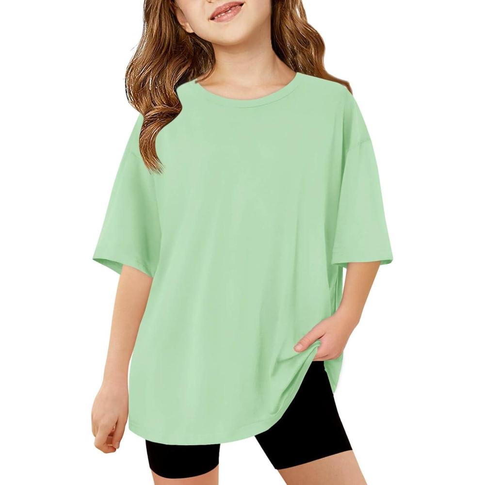 image:imageHaloumoning Girls Short Sleeve T Shirts Kids Summer Oversized Tops Casual Crewneck Basic Tees 514YMint Green