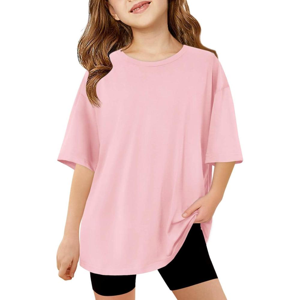 image:imageHaloumoning Girls Short Sleeve T Shirts Kids Summer Oversized Tops Casual Crewneck Basic Tees 514YPink