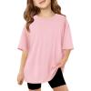 Haloumoning Girls Short Sleeve T Shirts Kids Summer Oversized Tops Casual Crewneck Basic Tees 5-14Y(Pink)