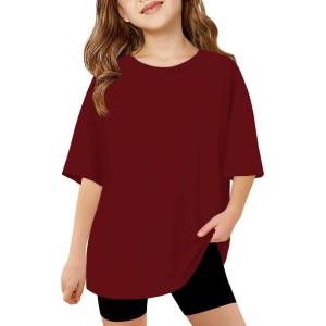 Haloumoning Girls Short Sleeve T Shirts Kids Summer Oversized Tops Casual Crewneck Basic Tees 5-14Y(Burgundy)