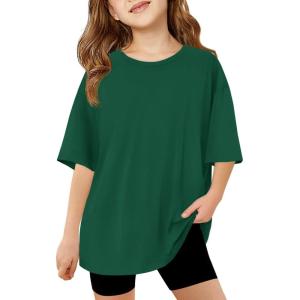 Haloumoning Girls Short Sleeve T Shirts Kids Summer Oversized Tops Casual Crewneck Basic Tees 5-14Y(Dark Green)