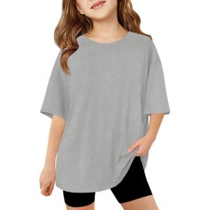 Haloumoning Girls Short Sleeve T Shirts Kids Summer Oversized Tops Casual Crewneck Basic Tees 5-14Y(Grey)