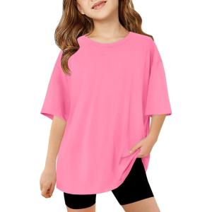 Haloumoning Girls Short Sleeve T Shirts Kids Summer Oversized Tops Casual Crewneck Basic Tees 5-14Y(Hot Pink)