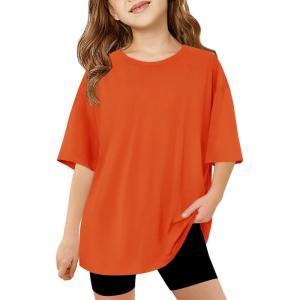 Haloumoning Girls Short Sleeve T Shirts Kids Summer Oversized Tops Casual Crewneck Basic Tees 5-14Y(Orange)