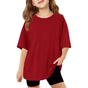 Haloumoning Girls Short Sleeve T Shirts Kids Summer Oversized Tops Casual Crewneck Basic Tees 5-14Y(Red)