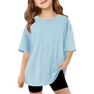 Haloumoning Girls Short Sleeve T Shirts Kids Summer Oversized Tops Casual Crewneck Basic Tees 5-14Y(Sky Blue)