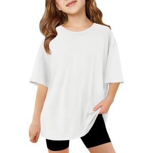 Haloumoning Girls Short Sleeve T Shirts Kids Summer Oversized Tops Casual Crewneck Basic Tees 5-14Y(White)