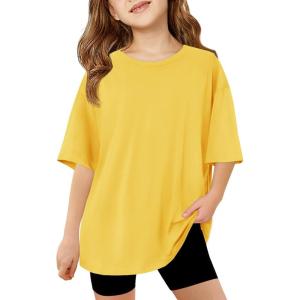 Haloumoning Girls Short Sleeve T Shirts Kids Summer Oversized Tops Casual Crewneck Basic Tees 5-14Y(Yellow)