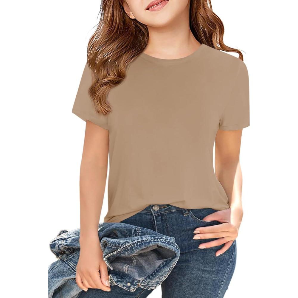 image:imageGirls Short Sleeve T Shirts Kids Summer Tops Crewneck Tees 514 YearsKhaki